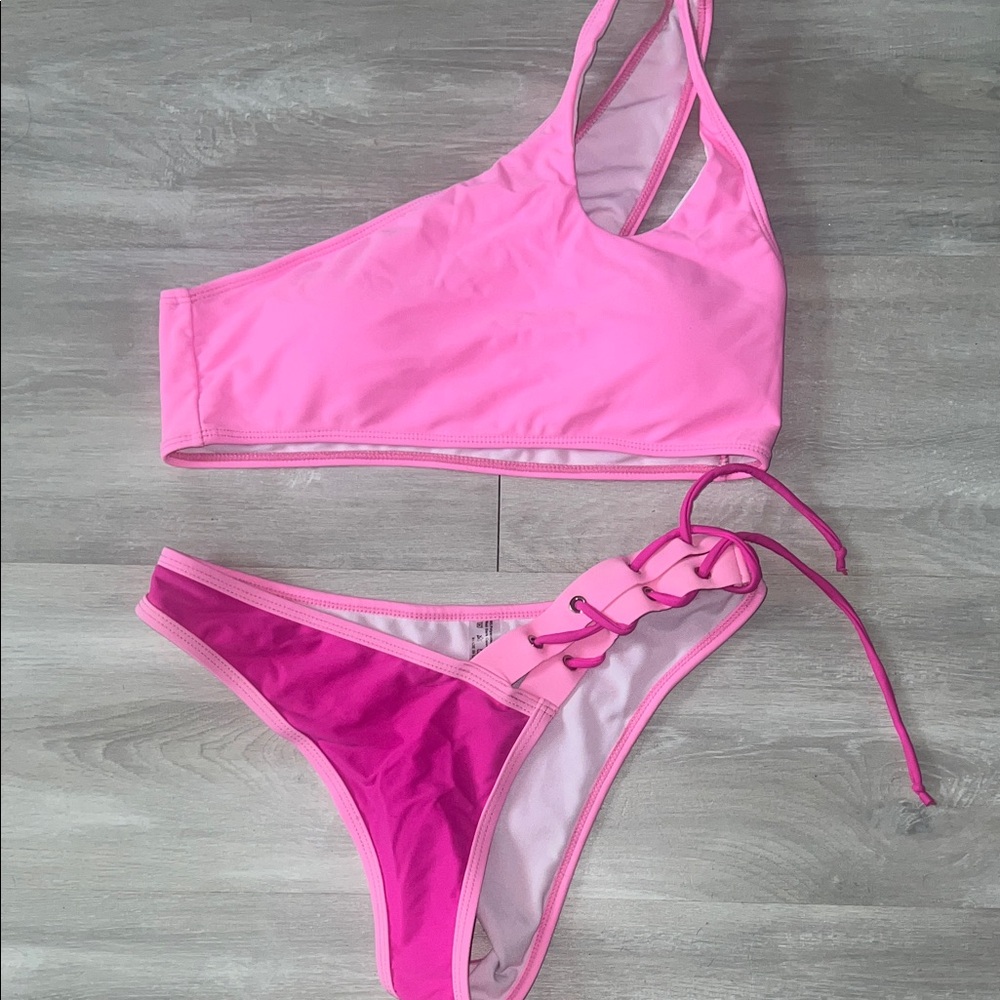 Pink Two-Tone Lace-Up Women's Bikini Set